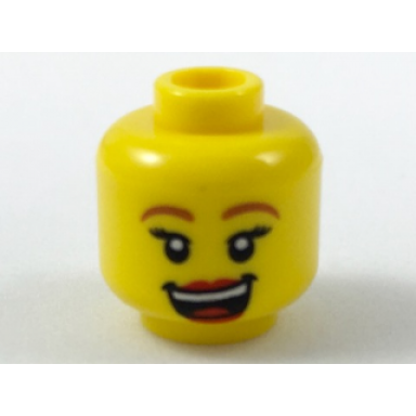 yellow minifigure head female dark orange eyebrows black eyelashes red lips open mouth laugh pattern