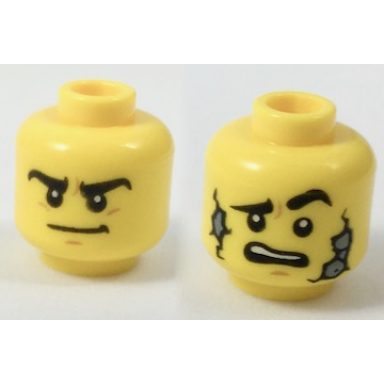 yellow minifigure head dual sided black eyebrows determined scared with stone cracks pattern