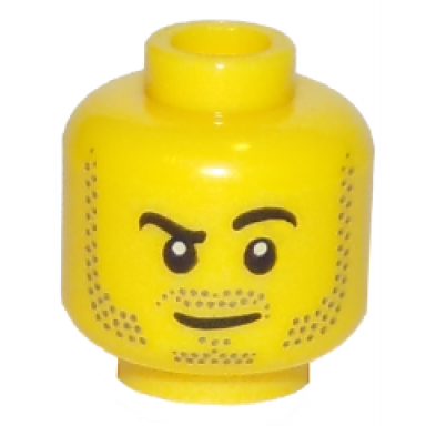 yellow minifigure head black eyebrows left raised dark tan moustache mutton chops and goatee stubble lopsided grin pattern