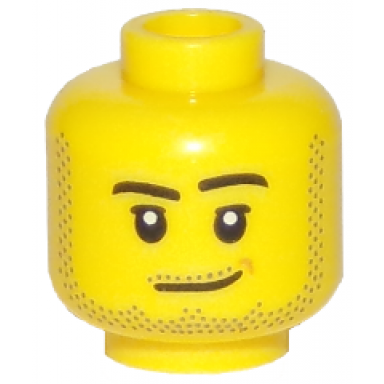 yellow minifigure head male smirk peach dimple pupils stubble beard moustache and sideburns pattern