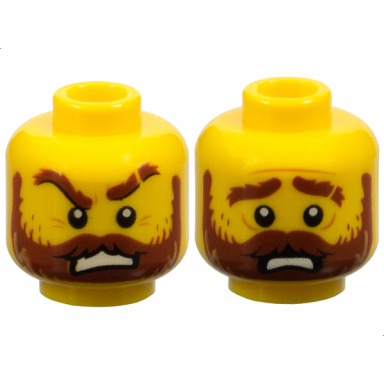 yellow minifigure head dual sided reddish brown bushy eyebrows full beard moustache eyebrow scar angry scowl with teeth worried pattern