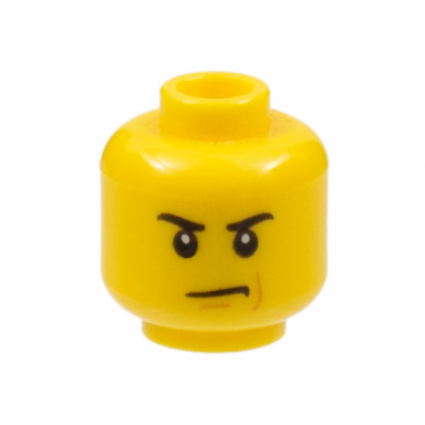 yellow minifigure head male angry eyebrows and scowl reddish brown left cheek line pattern