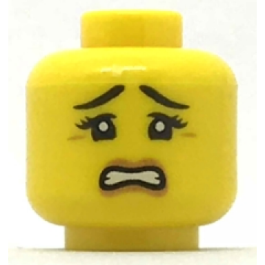 yellow minifigure head female black eyebrows and eyes with three eyelashes scared with gritted teeth pattern