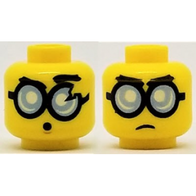 yellow minifigure head dual sided glasses round with bright light blue lenses and black frames frown surprised pattern steve