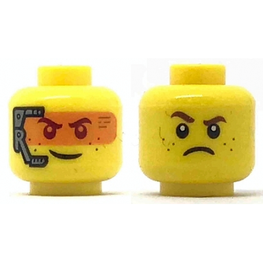 yellow minifigure head dual sided smile with silver headset and orange head-up display hud frown pattern