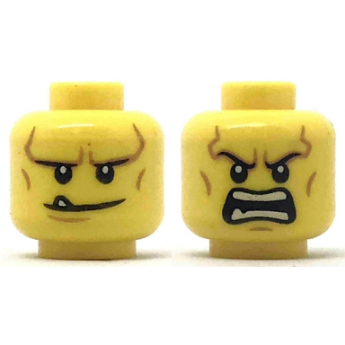 yellow minifigure head dual sided black eyebrows white pupils chin dimple and cheek lines smile with tooth open mouth angry pattern