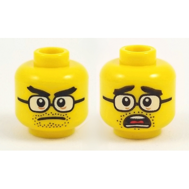 yellow minifigure head dual sided thick black eyebrows and stubble brown glasses stern mouth open alarmed pattern
