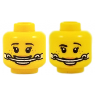 yellow minifigure head dual sided female dark brown eyebrows freckles headgear braces smile with teeth raised eyebrow pattern