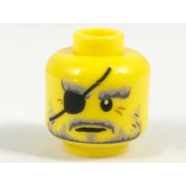 yellow minifigure head gray eyebrows and beard black eye patch dark orange crows feet pattern