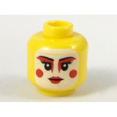yellow minifigure head female white painted face red eye makeup cheek circles and lips pattern