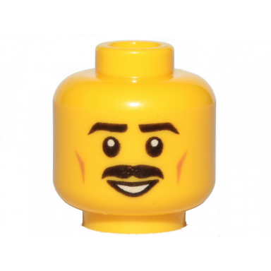 yellow minifigure head moustache black black eyebrows brown cheek lines smile white pupils pattern