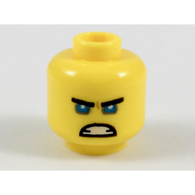 yellow minifigure head black straight eyebrows medium blue eyes angry scowl with teeth pattern