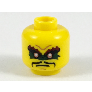 yellow minifigure head dark red bushy eyebrows copper eyes dark green eye paint black thin moustache medium nougat chin dimple furrowed brow stern pattern