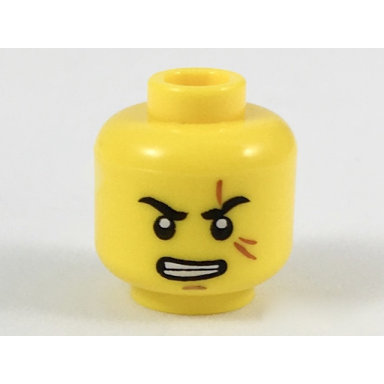 yellow minifigure head black eyebrows left scarred dark orange scar medium nougat chin dimple angry open mouth scowl with gritted teeth pattern