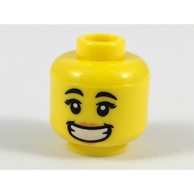 yellow minifigure head female black eyebrows peach lips wide smile with teeth pattern