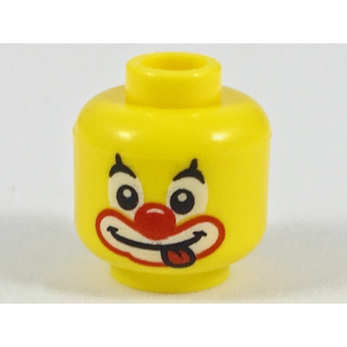 yellow minifigure head clown black pointed eyebrows white circles around eyes red nose large painted smile pattern