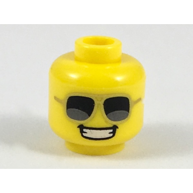 yellow minifigure head gold-rimmed sunglasses wide smile with teeth pattern