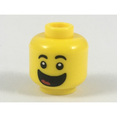 yellow minifigure head black eyebrows large open mouth smile with red tongue pattern