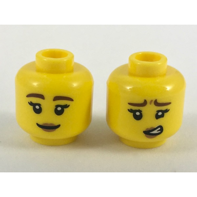 yellow minifigure head dual sided female reddish brown eyebrows dark tan lips smile worried pattern