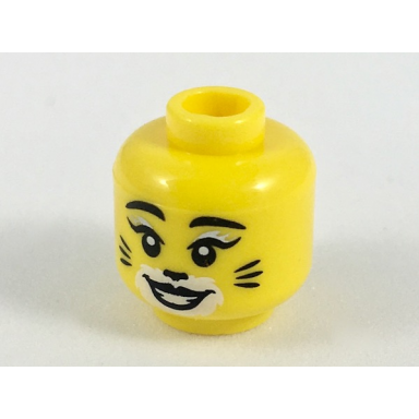 yellow minifigure head female black eyebrows and eyelashes with silver highlight white makeup with black cat nose and whiskers pattern