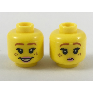 yellow minifigure head dual sided female dark orange eyebrows freckles pink lips smile pursed lips pattern
