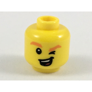 yellow minifigure head orange eyebrows winking left eye open mouth with teeth and tongue pattern