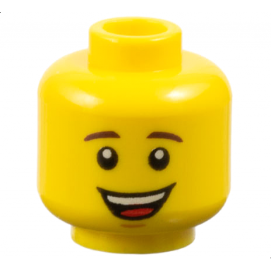 yellow minifigure head dark brown eyebrows medium nougat chin dimple open mouth smile with top teeth and red tongue pattern
