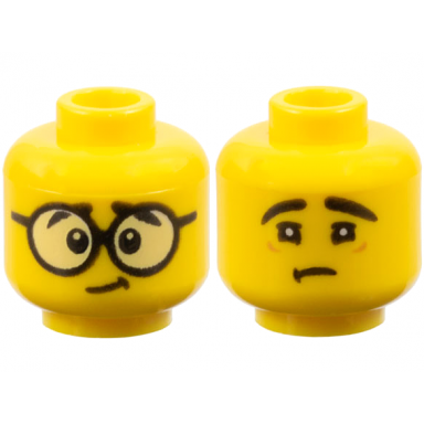yellow minifigure head dual sided large black round glasses black eyebrows sad face with no glasses pattern