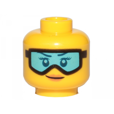 yellow minifigure head female dark blue eyebrows eyelashes and eyes black ski goggles with medium azure lens nougat lips grin pattern