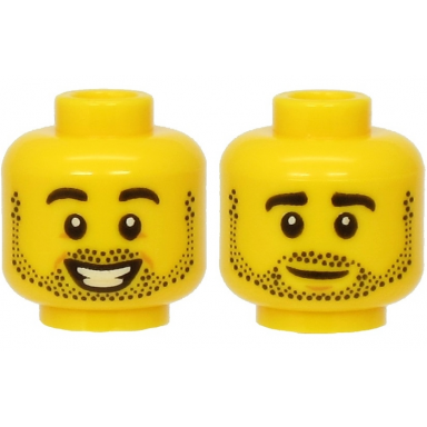 yellow minifigure head dual sided black eyebrows and stubble smiling neutral expression pattern