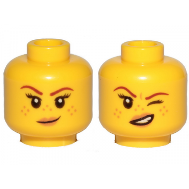 yellow minifigure head dual sided female reddish brown eyebrows nougat freckles and lips small smirk left eye squinted pattern