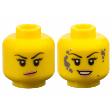 yellow minifigure head dual sided female black eyebrows eyelashes nougat lips smirk dark bluish gray splotches and open mouth smile with teeth pattern