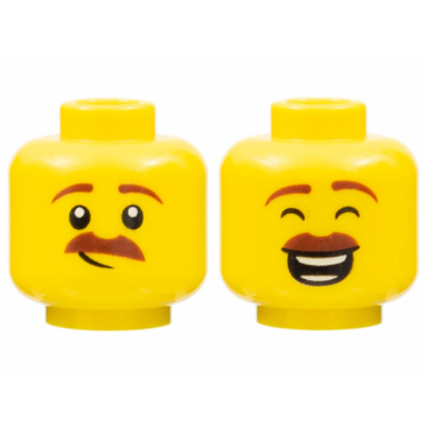 yellow minifigure head dual sided reddish brown eyebrows and moustache lopsided grin closed eyes open mouth smile with teeth parted pattern