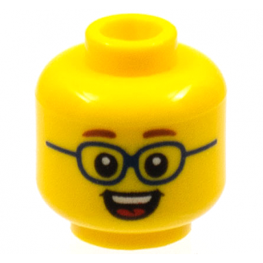 yellow minifigure head child reddish brown eyebrows dark blue glasses open mouth smile with top teeth and red tongue pattern
