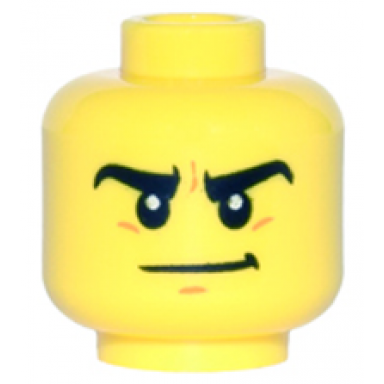 yellow minifigure head thick black eyebrows medium nougat chin dimple determined smirk pattern