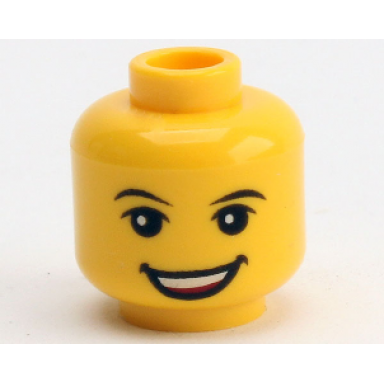 yellow minifigure head black eyebrows eyelids red open mouth smile with top teeth pattern