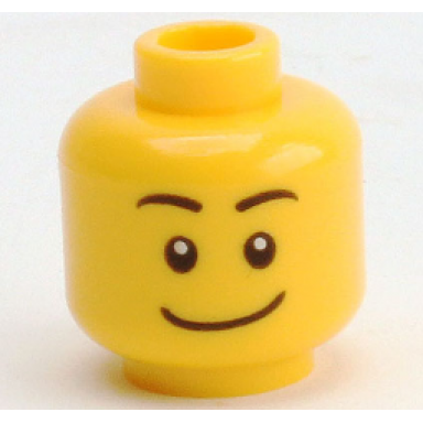 yellow minifigure head black eyebrows white pupils wide crooked smile pattern
