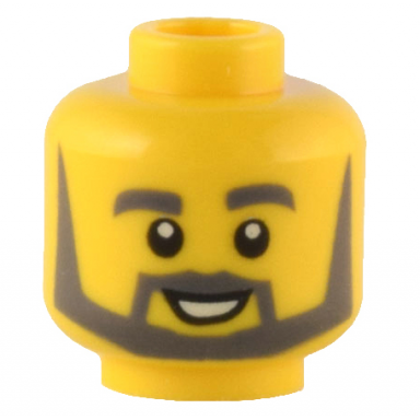 yellow minifigure head dark bluish gray thick eyebrows angular beard and thin pointed sideburns open mouth smile with white teeth pattern