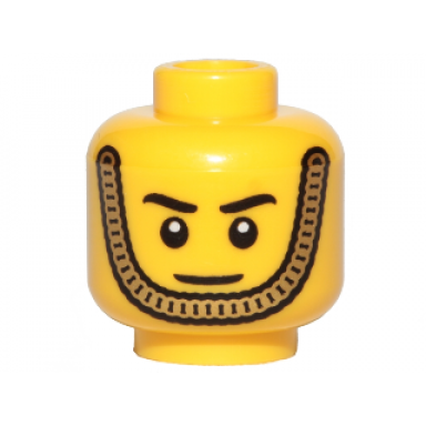 yellow minifigure head black eyebrows gold chain chin strap stern pattern