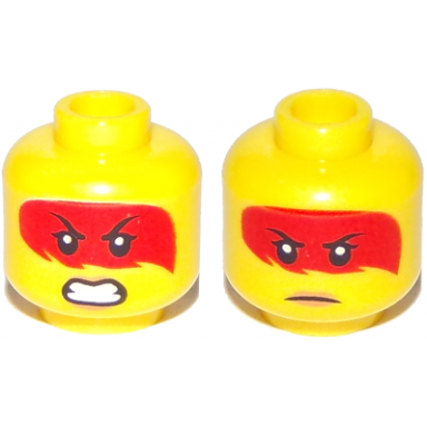 yellow minifigure head dual sided female red hair with open mouth with teeth grimace frown with peach lips pattern harumi
