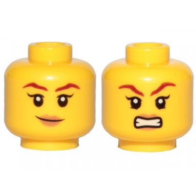 yellow minifigure head dual sided female brown eyebrows peach lips smile angry pattern skylor
