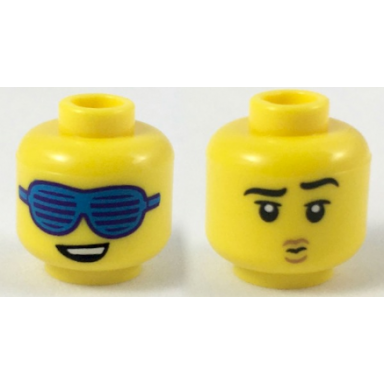 yellow minifigure head dual sided slotted blue sunglasses lopsided open mouth smile with top teeth black eyebrows left raised upper eyelids pursed medium nougat lips pattern