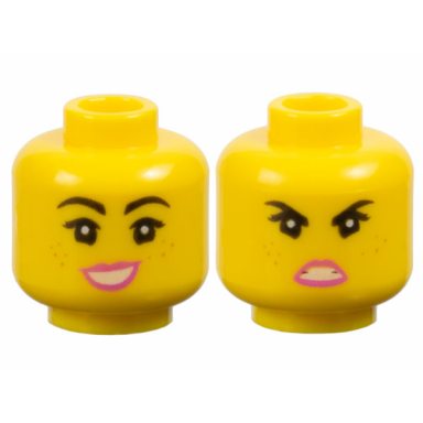 yellow minifigure head dual sided female black eyebrows eyelashes freckles dark pink lips lopsided open mouth smile large with teeth angry pattern
