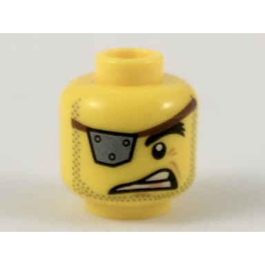yellow minifigure head male silver eye patch with rivets raised eyebrow copper tooth stubble pattern metalbeard