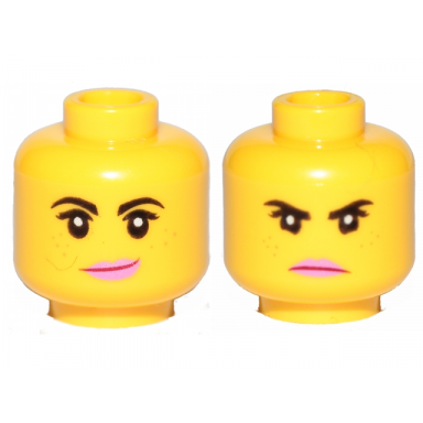 yellow minifigure head dual sided female black eyebrows eyelashes medium nougat freckles dark pink lips lopsided smile angry pattern