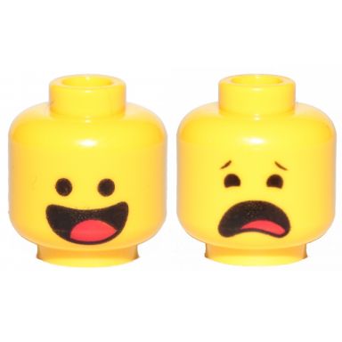 yellow minifigure head dual sided black standard eyes smile with tongue scared pattern benny