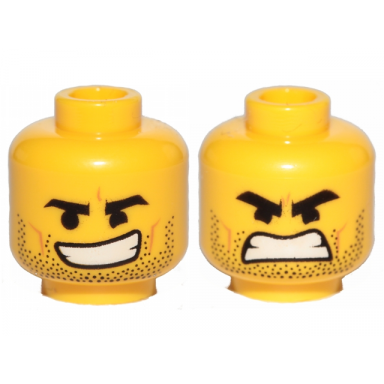 yellow minifigure head dual sided black eyebrows stubble open smile open mouth angry pattern rex dangervest