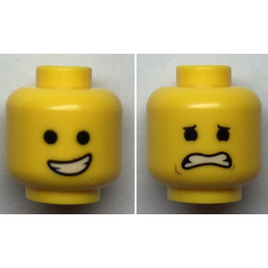yellow minifigure head dual sided open smile with teeth eyebrows scared with dimples pattern