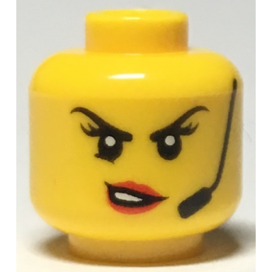 yellow minifigure head female black eyebrows headset red lips with open mouth crooked smile scowl pattern