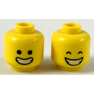 yellow minifigure head dual sided wide smile with closed teeth black eyes closed eyes pattern